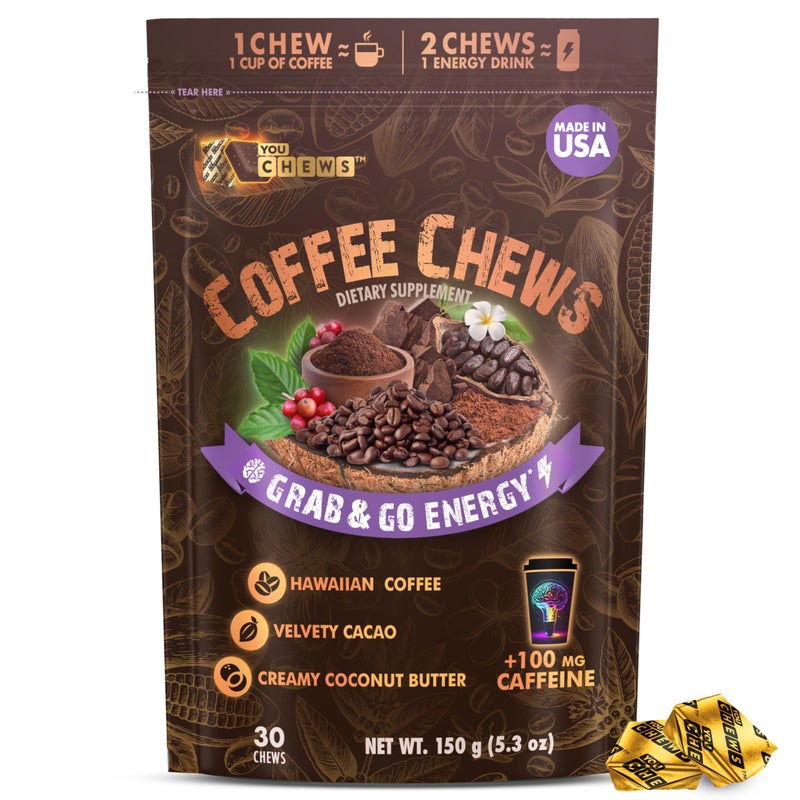 YouChews Coffee Chews Grab Go Energy with 100mg per Chew of Clean Green Caffeine With Real Organic Ingredients Low Sugar Great Bold Taste Long Lasting Energy Boost 30 Chews Pack